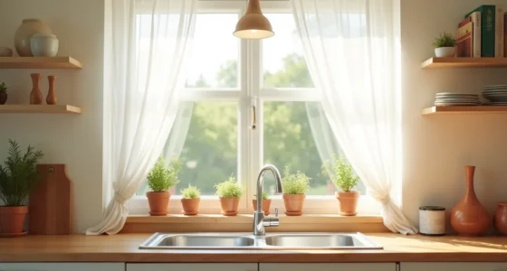 Sheer white curtains frame a kitchen window with potted herbs on the sill and a garden view beyond.