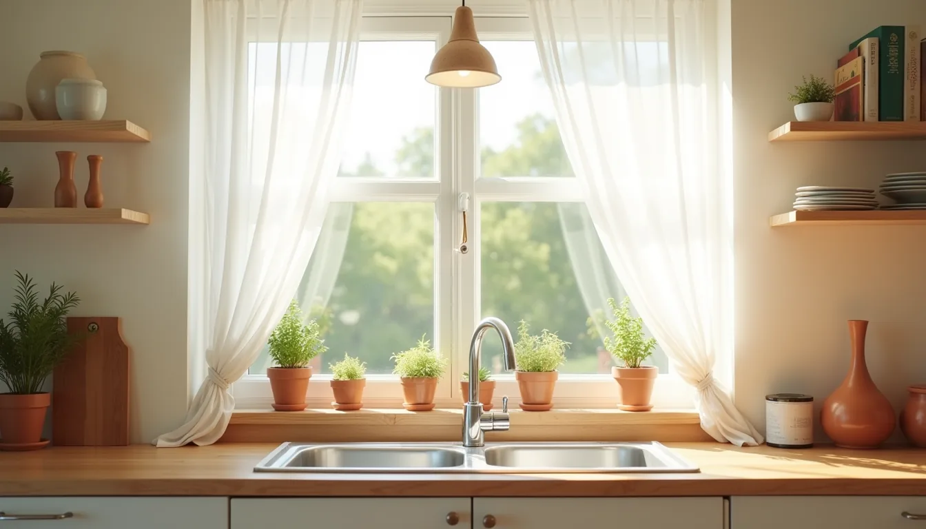 Sheer white curtains frame a kitchen window with potted herbs on the sill and a garden view beyond.