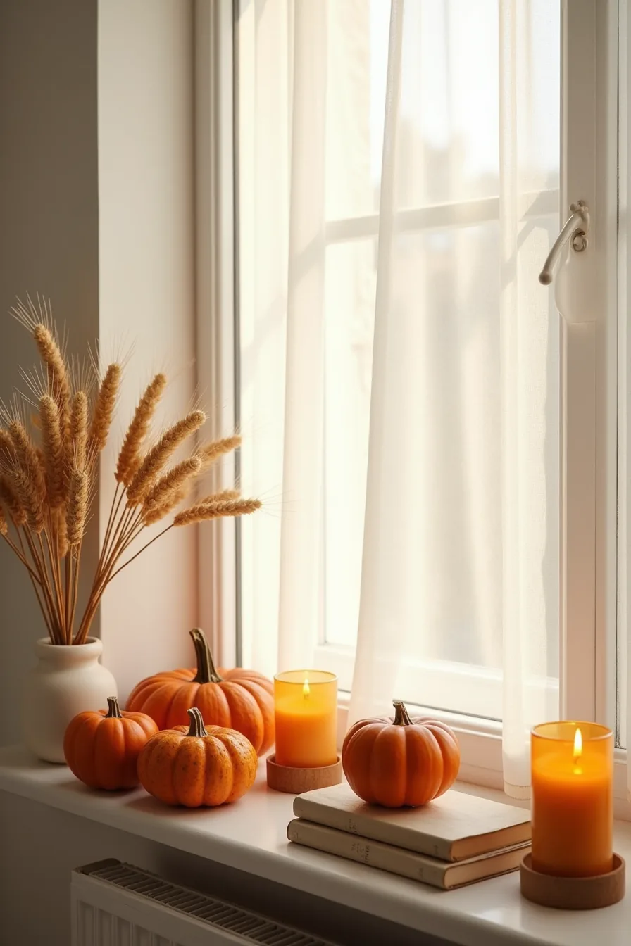 Small pumpkins, dried wheat stems, and amber glass votives arranged together on a windowsill in warm autumn light.