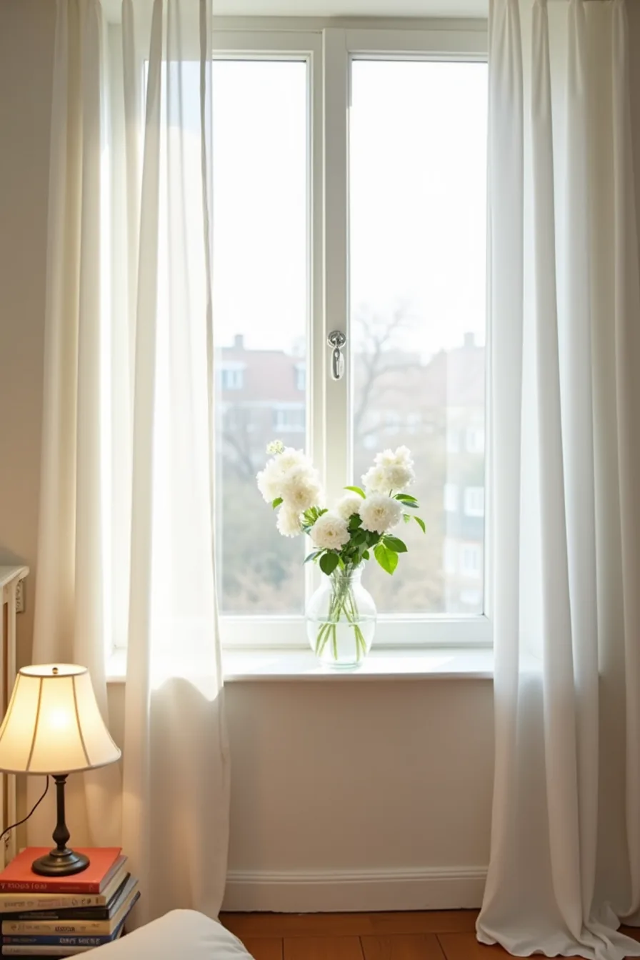 A clear glass vase holding white flowers sits alone on an empty windowsill viewed from outside.
