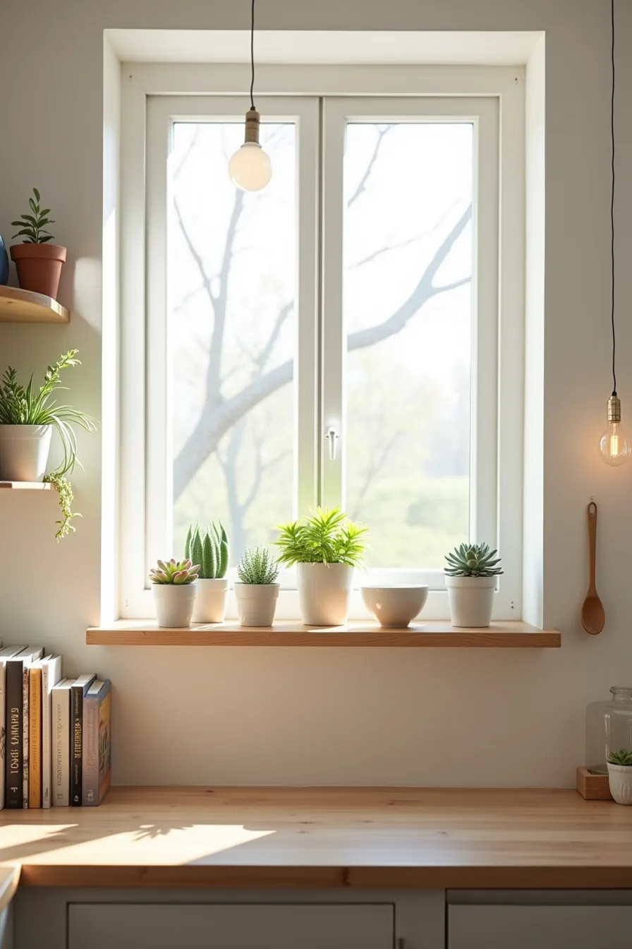 A floating wooden shelf beneath a kitchen window displays potted succulents, a ceramic bowl, and a wooden spoon.