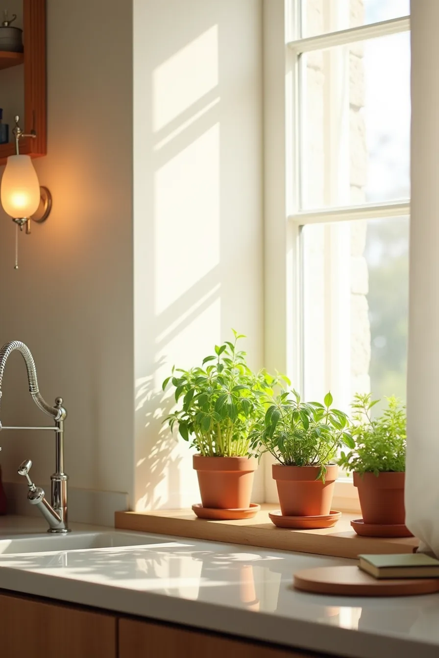 Three terracotta herb pots with water droplets on leaves positioned beside a kitchen faucet on a narrow sill.