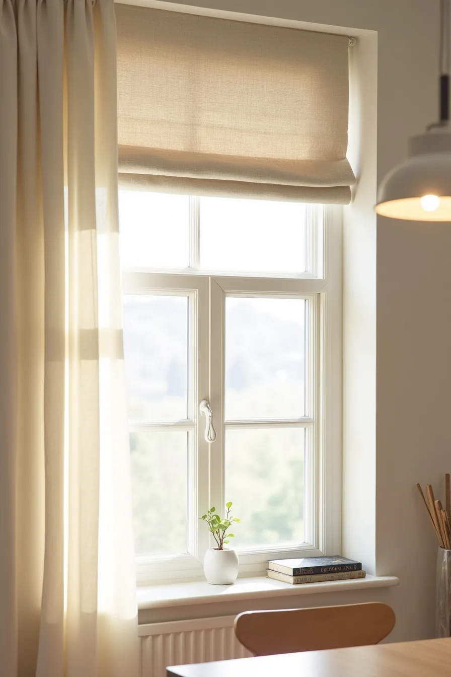 A partially raised linen roller shade with visible pleats and texture filters sunlight through a kitchen window.
