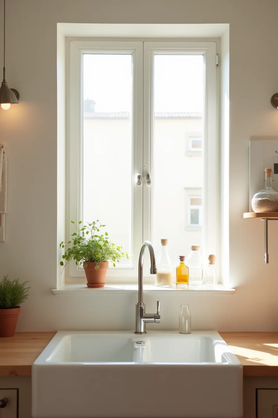 Narrow window with terracotta herb pot on sill and clear acrylic shelf holding glass bottles above faucet.