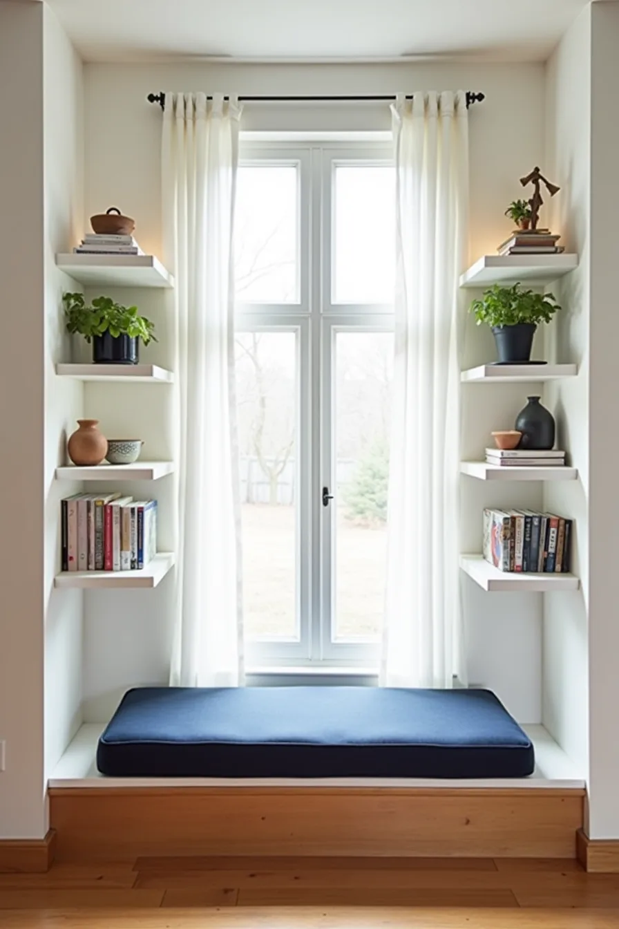 Floating shelves on both sides of window frame displaying ceramics and plants above navy window seat cushion.