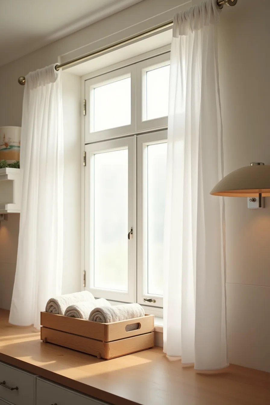 Window with frosted privacy film and gauze panel above wooden crate filled with rolled linens on counter.