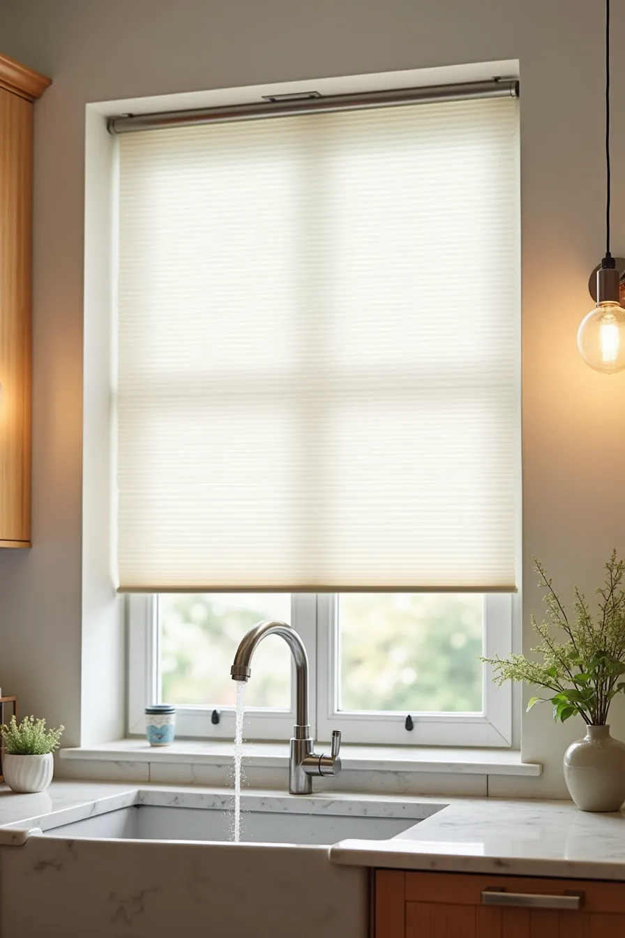 Honeycomb shade with water droplets above marble countertop and running faucet, viewed from sink level.