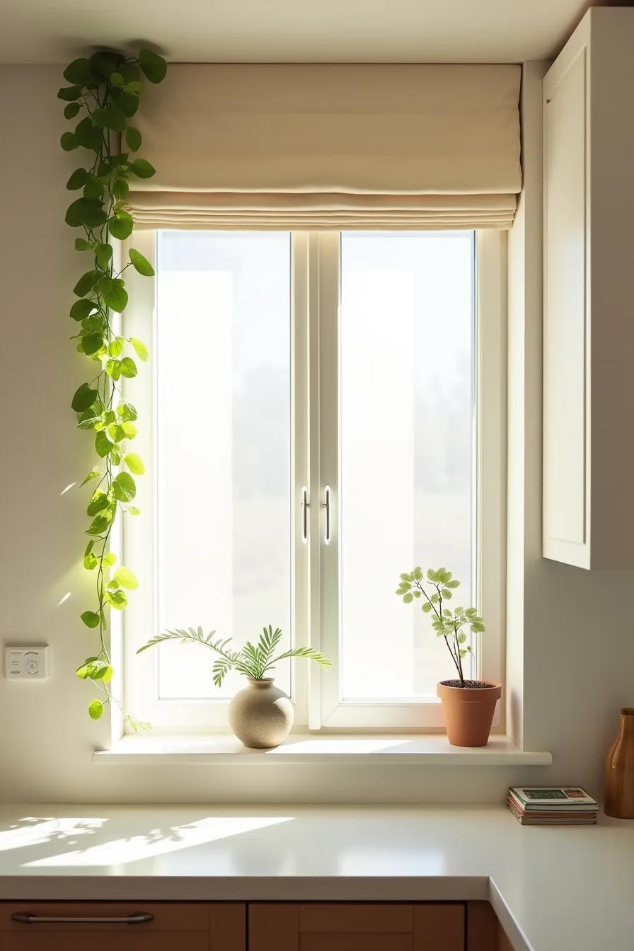 Windowsill split between cascading pothos plant on left and cream Roman shade on right.