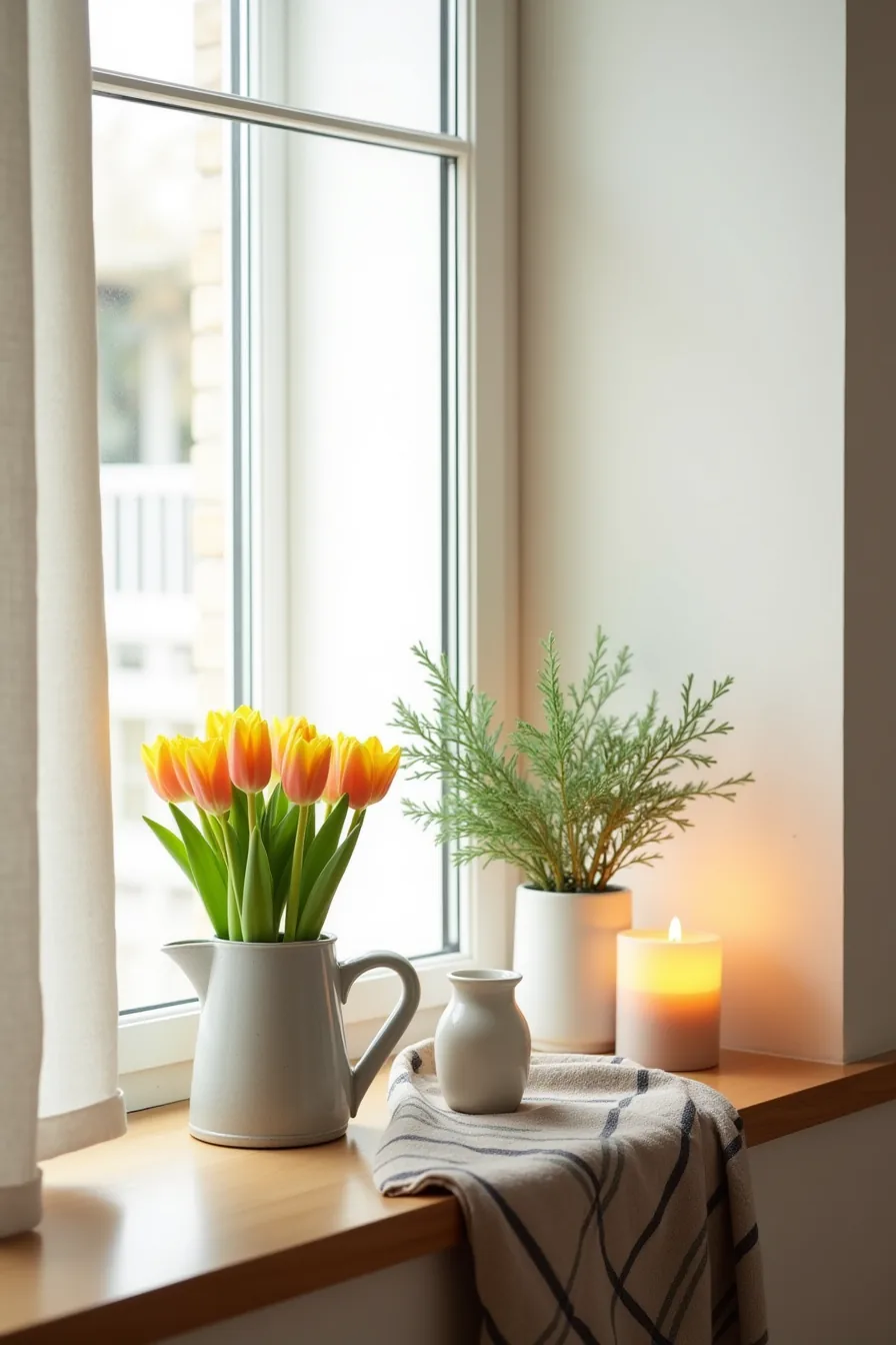 Windowsill shown in dual view: spring arrangement with tulips and watering can, winter arrangement with evergreens and