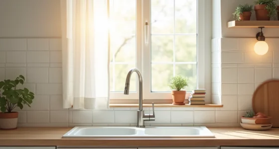 Kitchen sink from above with potted succulents and frosted vase on wooden sill beneath bright window.
