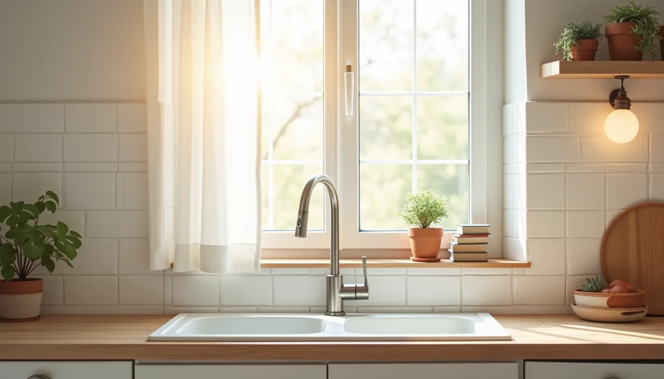 Kitchen sink from above with potted succulents and frosted vase on wooden sill beneath bright window.