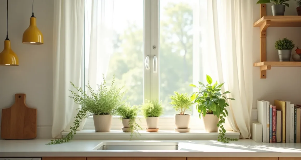 Mixed potted plants in ceramic planters with trailing ivy arranged at varying heights on a bright kitchen windowsill.