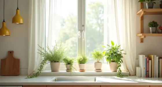 Mixed potted plants in ceramic planters with trailing ivy arranged at varying heights on a bright kitchen windowsill.