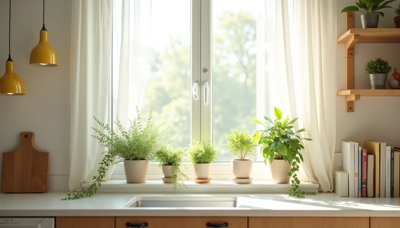 Mixed potted plants in ceramic planters with trailing ivy arranged at varying heights on a bright kitchen windowsill.