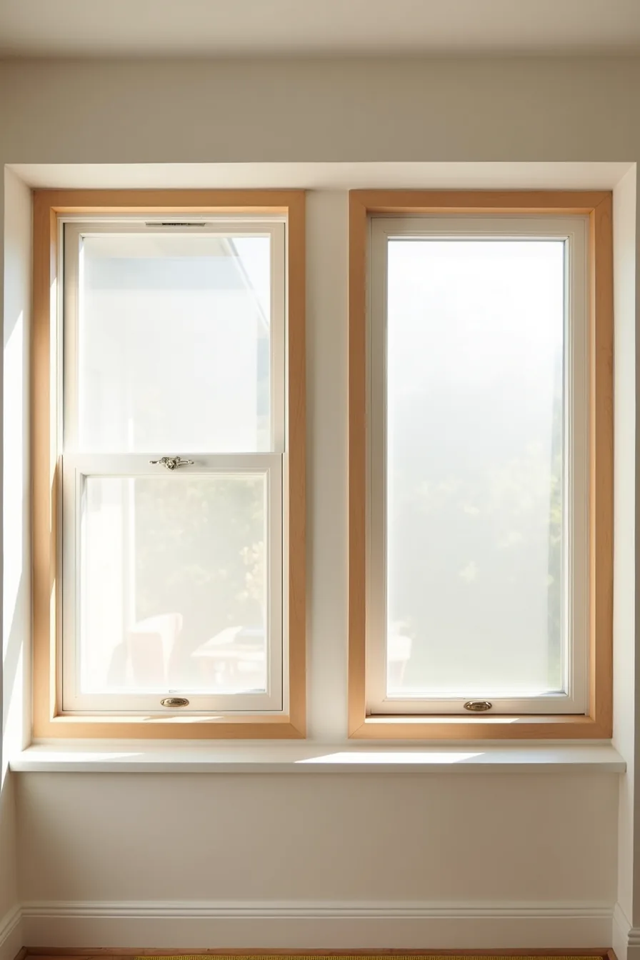 Two wood-framed windows displayed side by side: a wide casement window and a narrow awning window with measuring tape at the