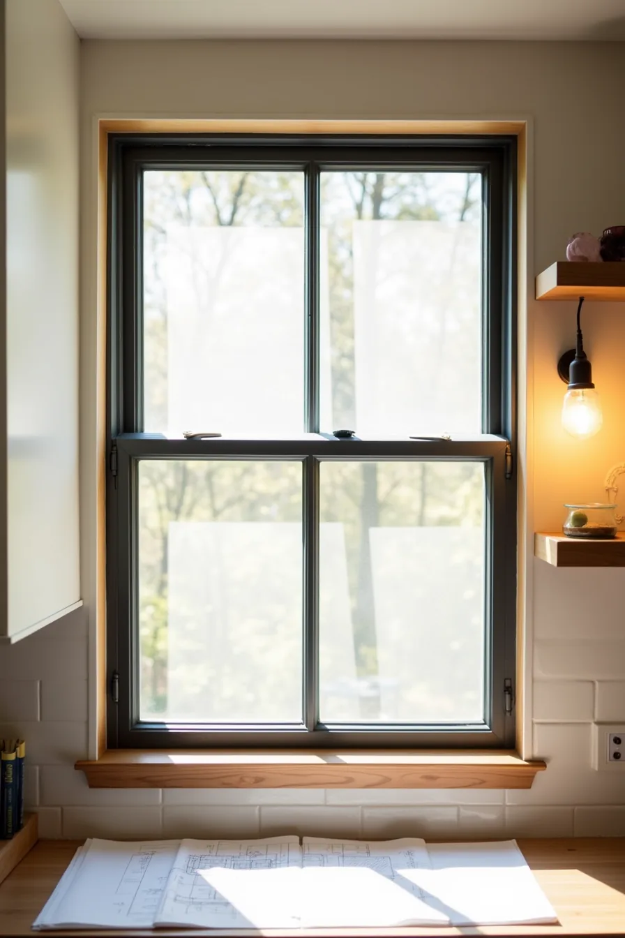 Custom double-glazed window with black aluminum frame, wood interior trim, visible argon gas line, and blueprint on counter