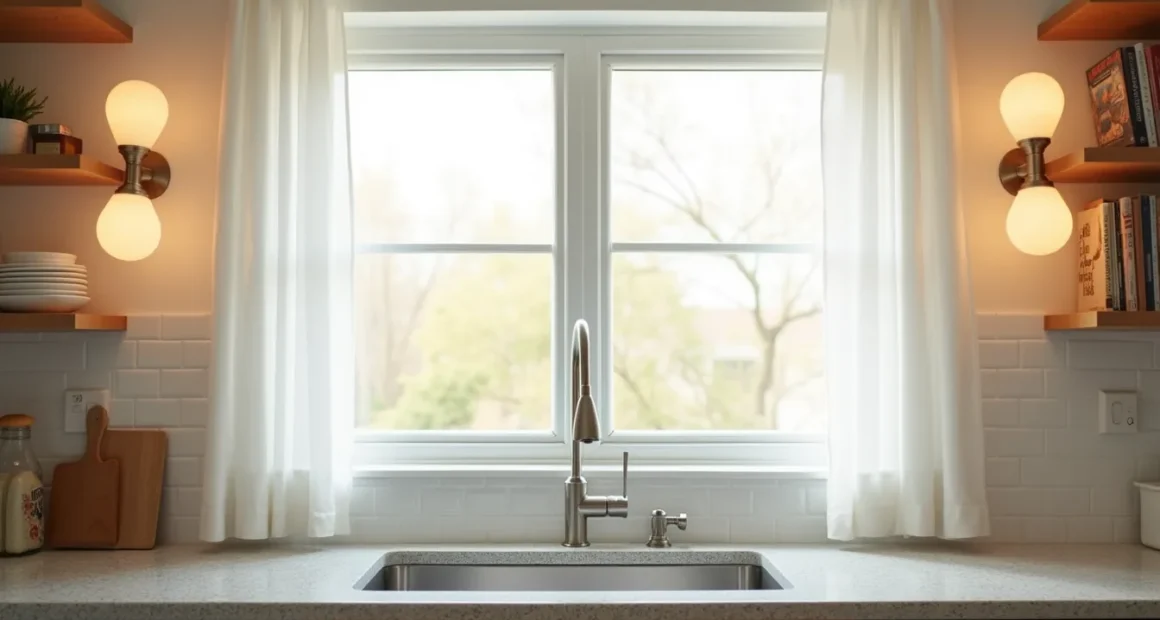 Double-hung window centered above kitchen sink with stainless steel faucet, white subway tile backsplash, and granite