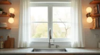 Double-hung window centered above kitchen sink with stainless steel faucet, white subway tile backsplash, and granite