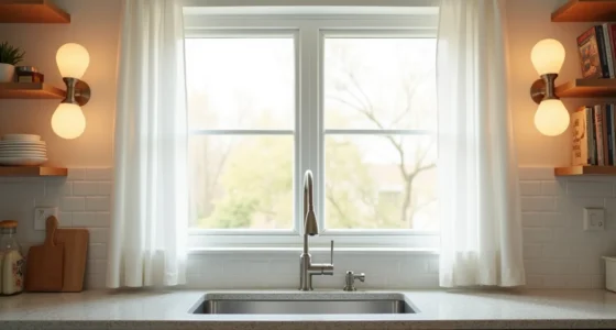 Double-hung window centered above kitchen sink with stainless steel faucet, white subway tile backsplash, and granite
