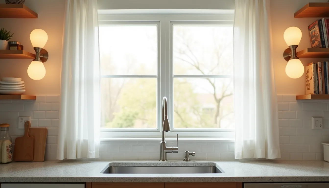 Double-hung window centered above kitchen sink with stainless steel faucet, white subway tile backsplash, and granite