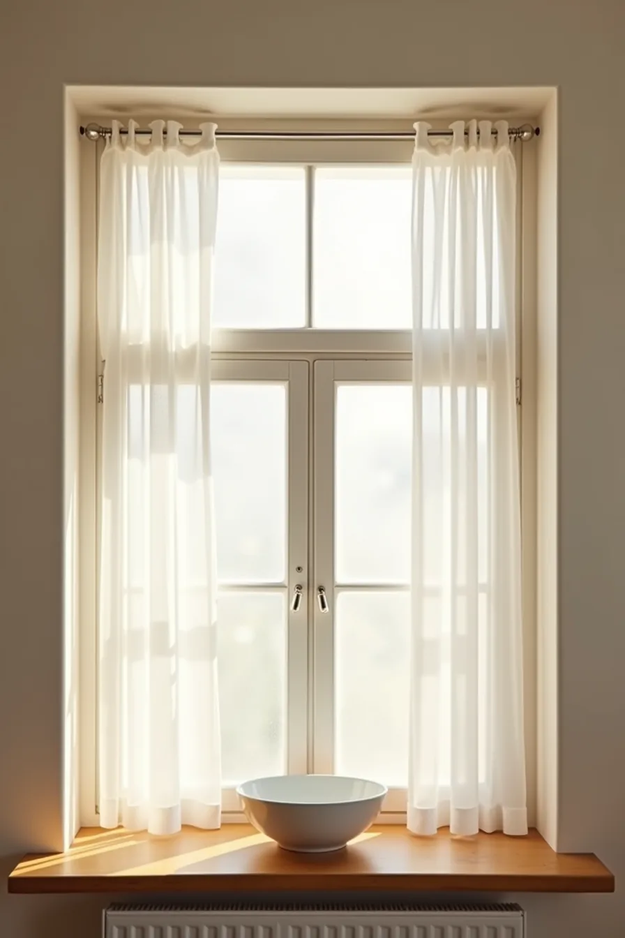 Kitchen window with frosted lower panes and clear upper panes, partially lowered roller shade, and white reflective bowl on