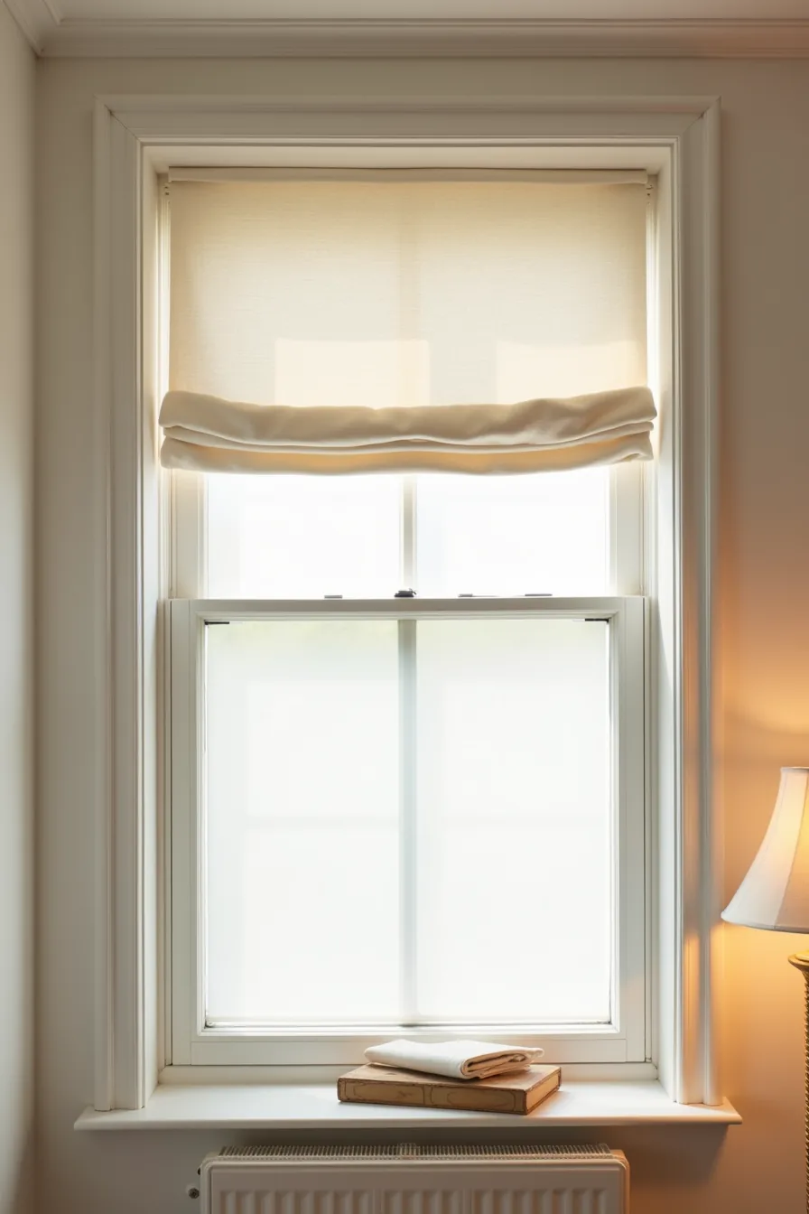 Window with adhesive film on lower panes, tension rod-mounted linen shade, suction cup hooks, and film roll on the sill.