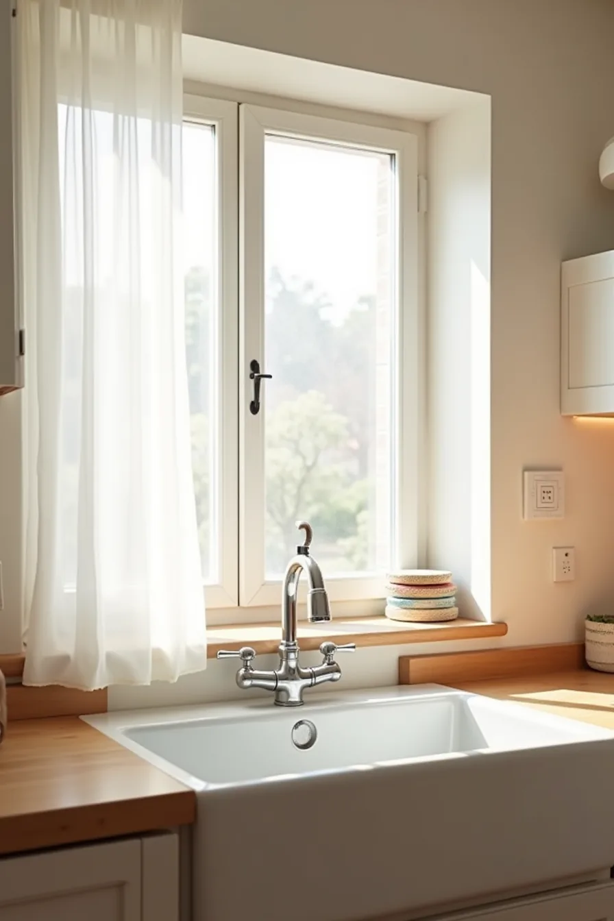 White ceramic sink positioned below a window with visible chrome P-trap plumbing and an open access panel on the adjacent