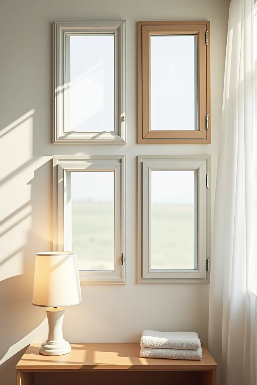 Four window frame samples in aluminum, vinyl, wood, and composite materials with cleaning supplies displayed on a shelf