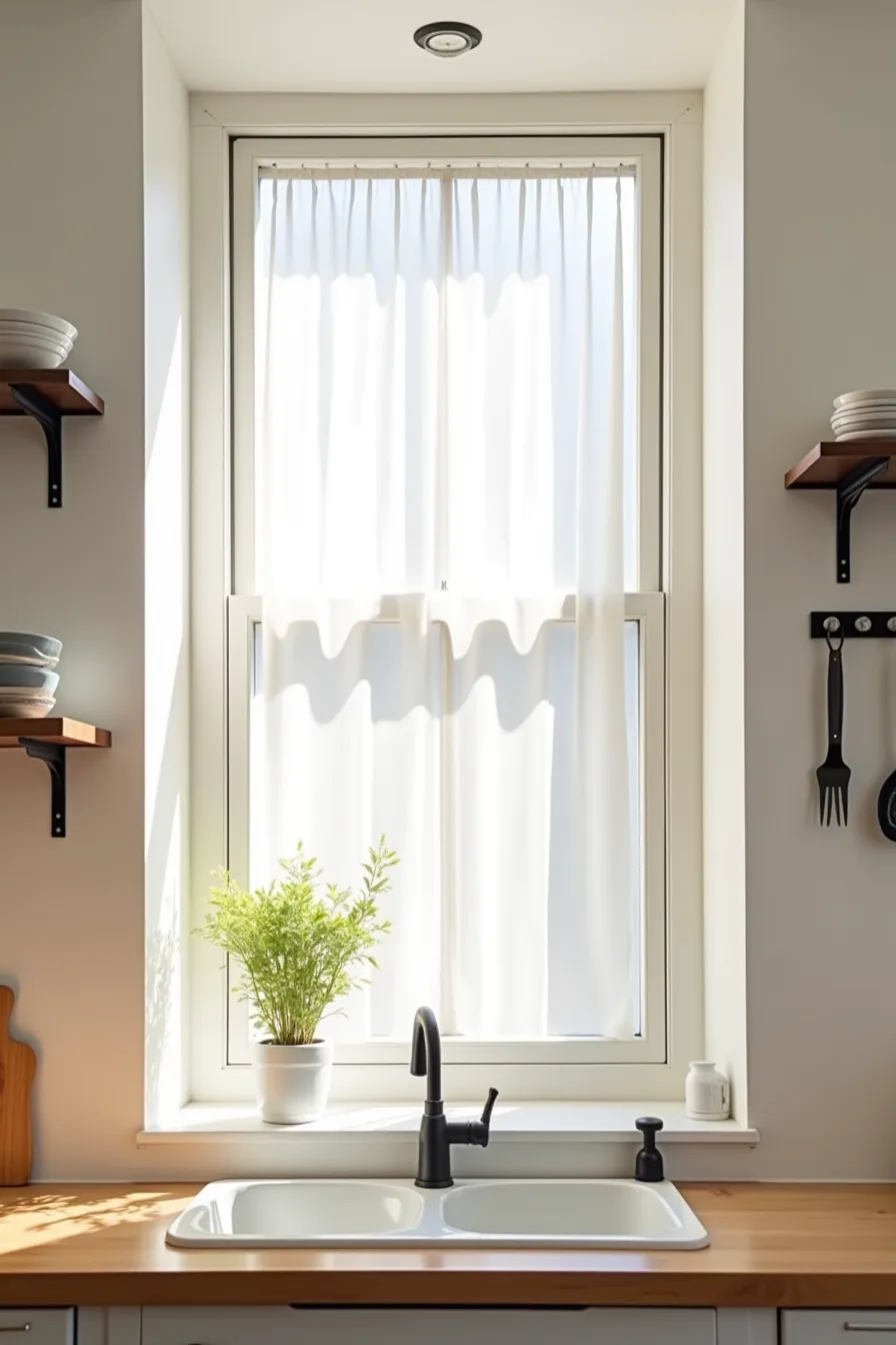 Black metal floating shelf above a kitchen window displays ceramic bowls and a potted plant, with a magnetic strip holding