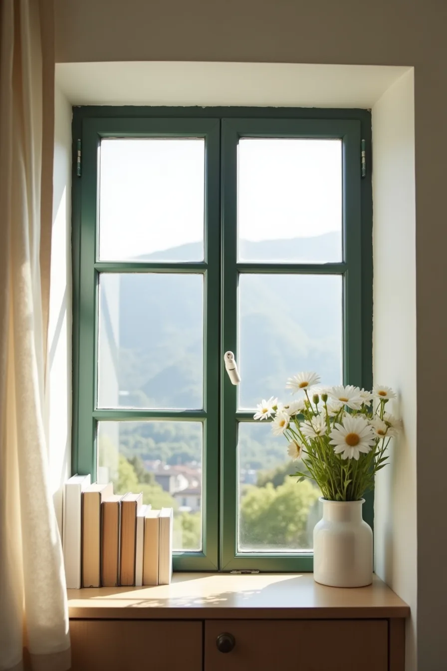 Kitchen window with deep forest green painted trim framing a distant mountain landscape beyond.