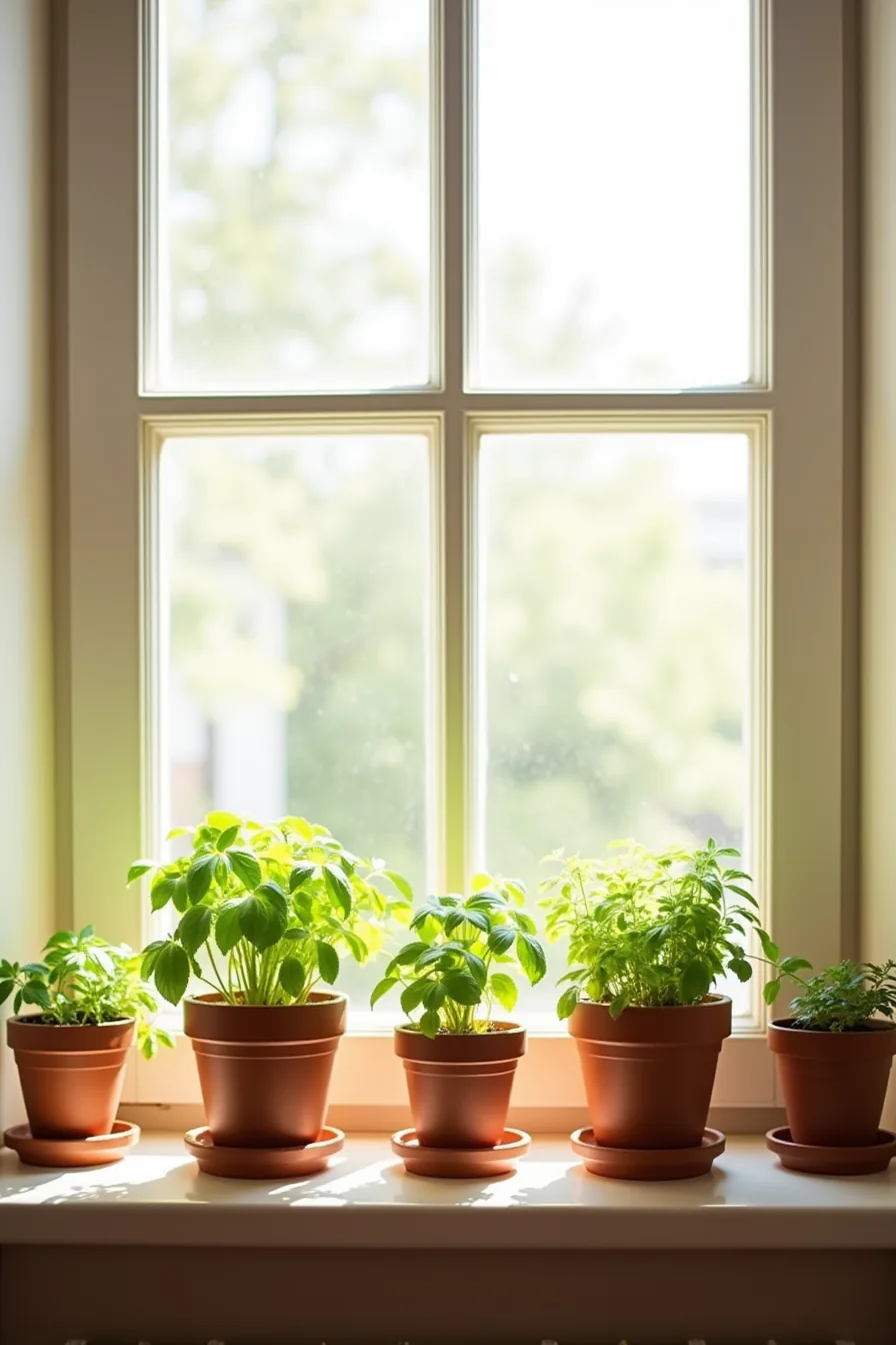 Five terracotta and ceramic pots containing fresh herbs line a sunny window sill with green foliage visible.