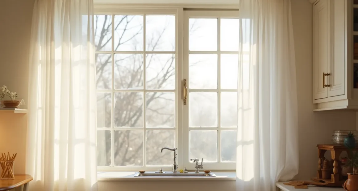 Clean kitchen window with white sill overlooking bare branches in diffused daylight, stainless steel sink positioned below.