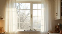 Clean kitchen window with white sill overlooking bare branches in diffused daylight, stainless steel sink positioned below.
