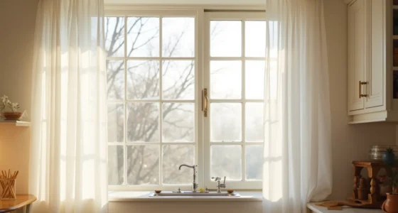 Clean kitchen window with white sill overlooking bare branches in diffused daylight, stainless steel sink positioned below.