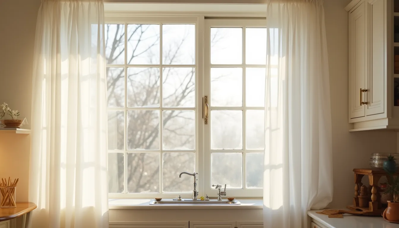 Clean kitchen window with white sill overlooking bare branches in diffused daylight, stainless steel sink positioned below.
