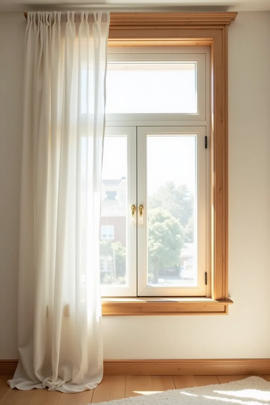 Upgraded kitchen window featuring deep wood trim, natural oak sill, and modern double-pane glass with reflected light.