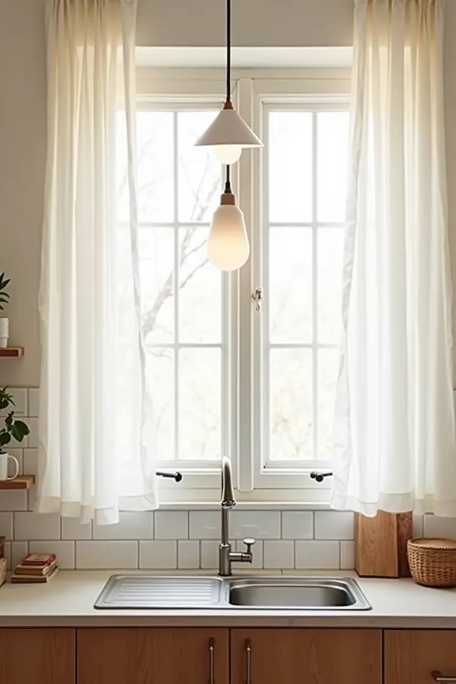 Kitchen sink beneath window with pendant light overhead, subway tile backsplash, and stainless steel faucet visible.