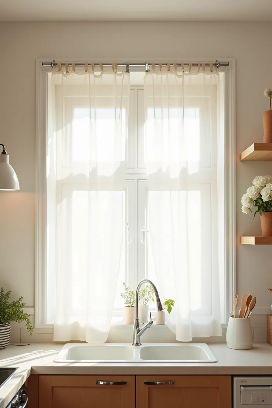 Kitchen window with tension rod-mounted linen shade and adhesive hooks installed on frame corners.