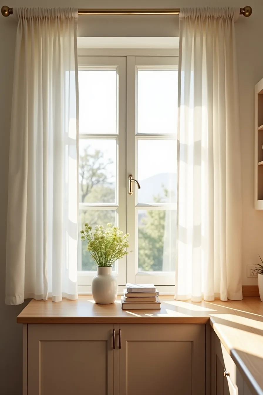 Untreated kitchen window with morning light streaming across bare countertop and clear view of exterior landscape.