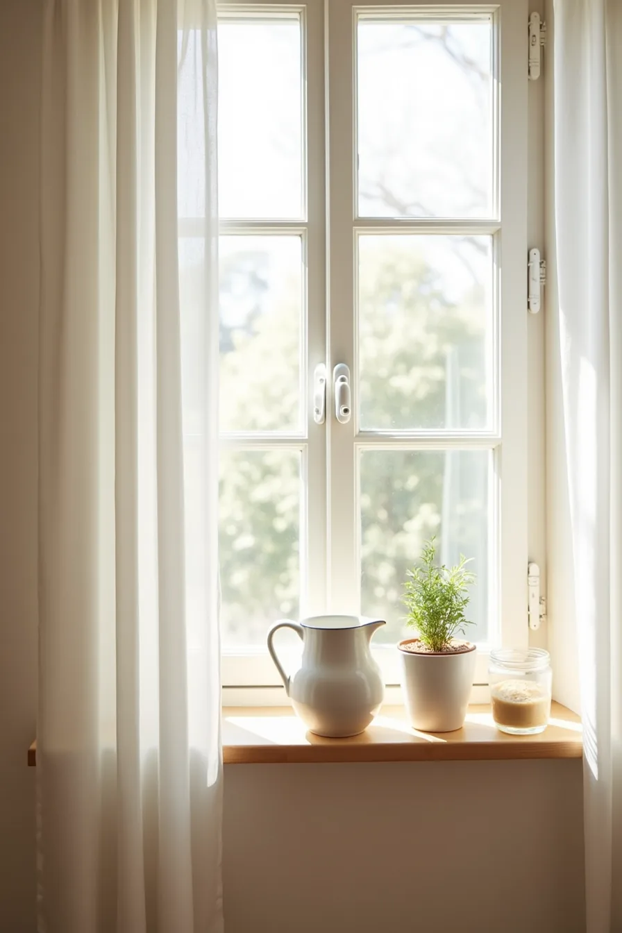 Wooden shelf on window sill displaying ceramic pitcher, potted herb, and glass jar with light filtering through.