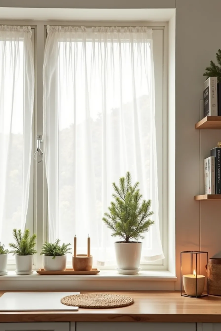 Kitchen window sill styled for winter with potted evergreens, wooden candle holder, and woven placemat.