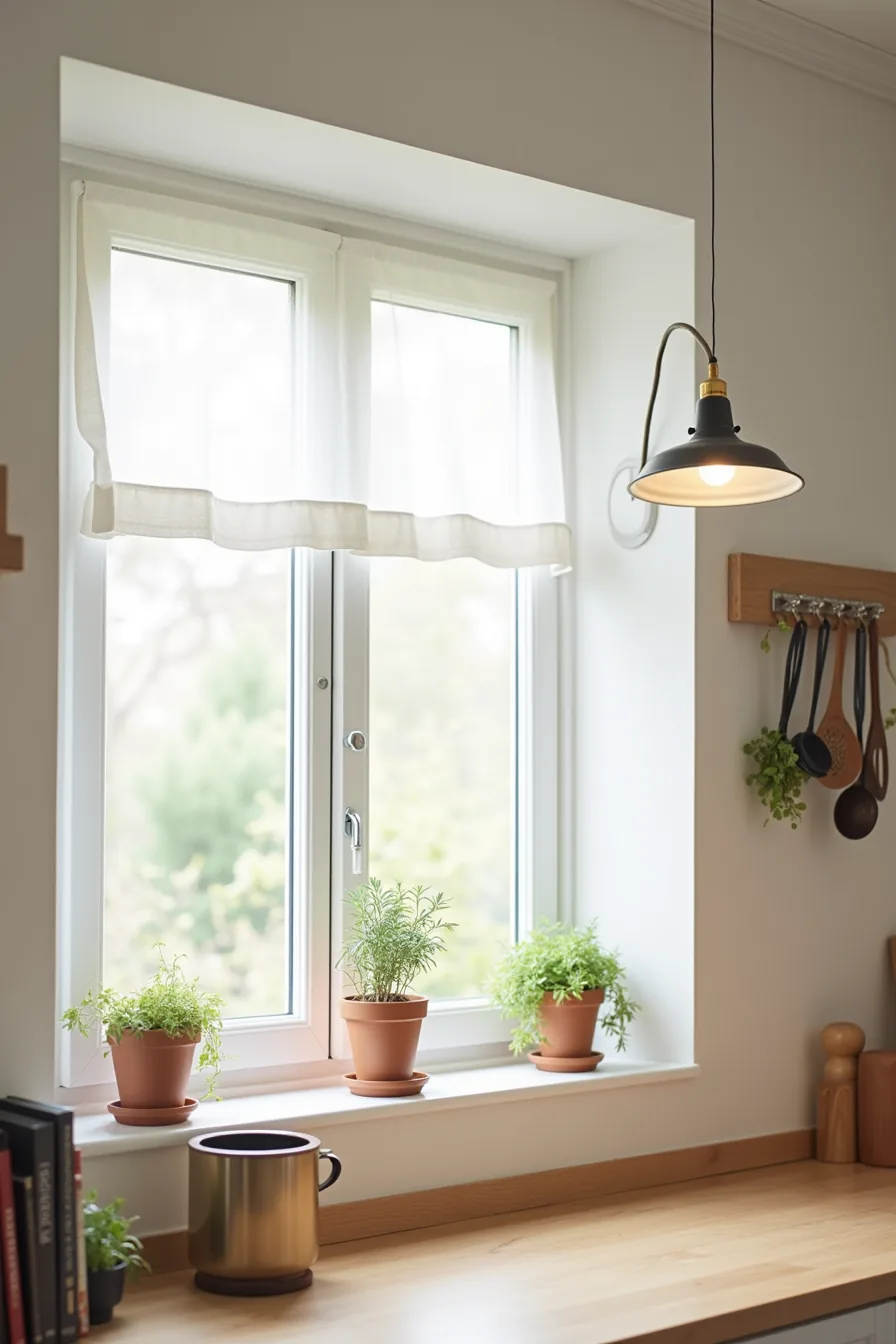 Kitchen window setup combining cafe curtains, potted herbs on a shelf, a clip lamp, and a magnetic strip with cooking