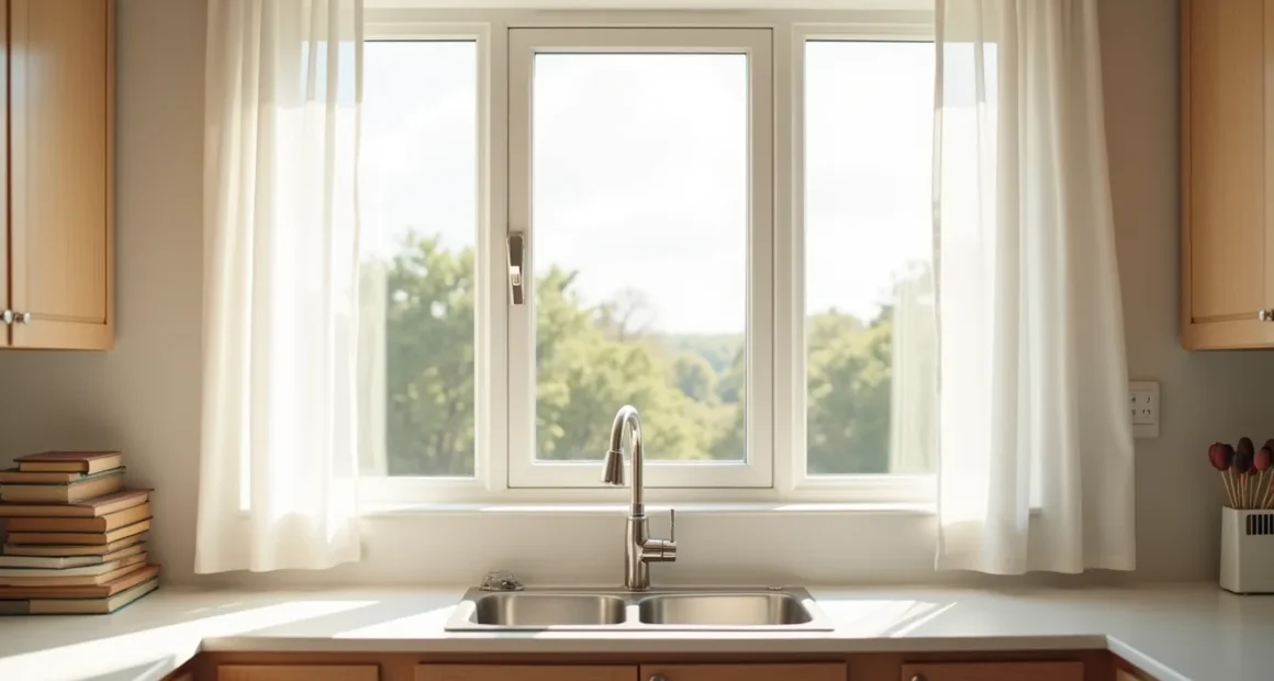 Bright kitchen with a large window centered above the sink, stainless steel fixtures, and white countertops, with trees and