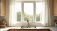 Bright kitchen with a large window centered above the sink, stainless steel fixtures, and white countertops, with trees and