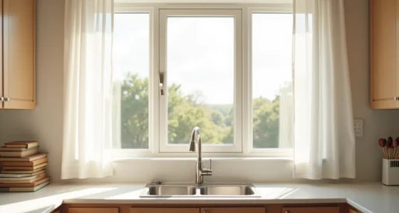 Bright kitchen with a large window centered above the sink, stainless steel fixtures, and white countertops, with trees and