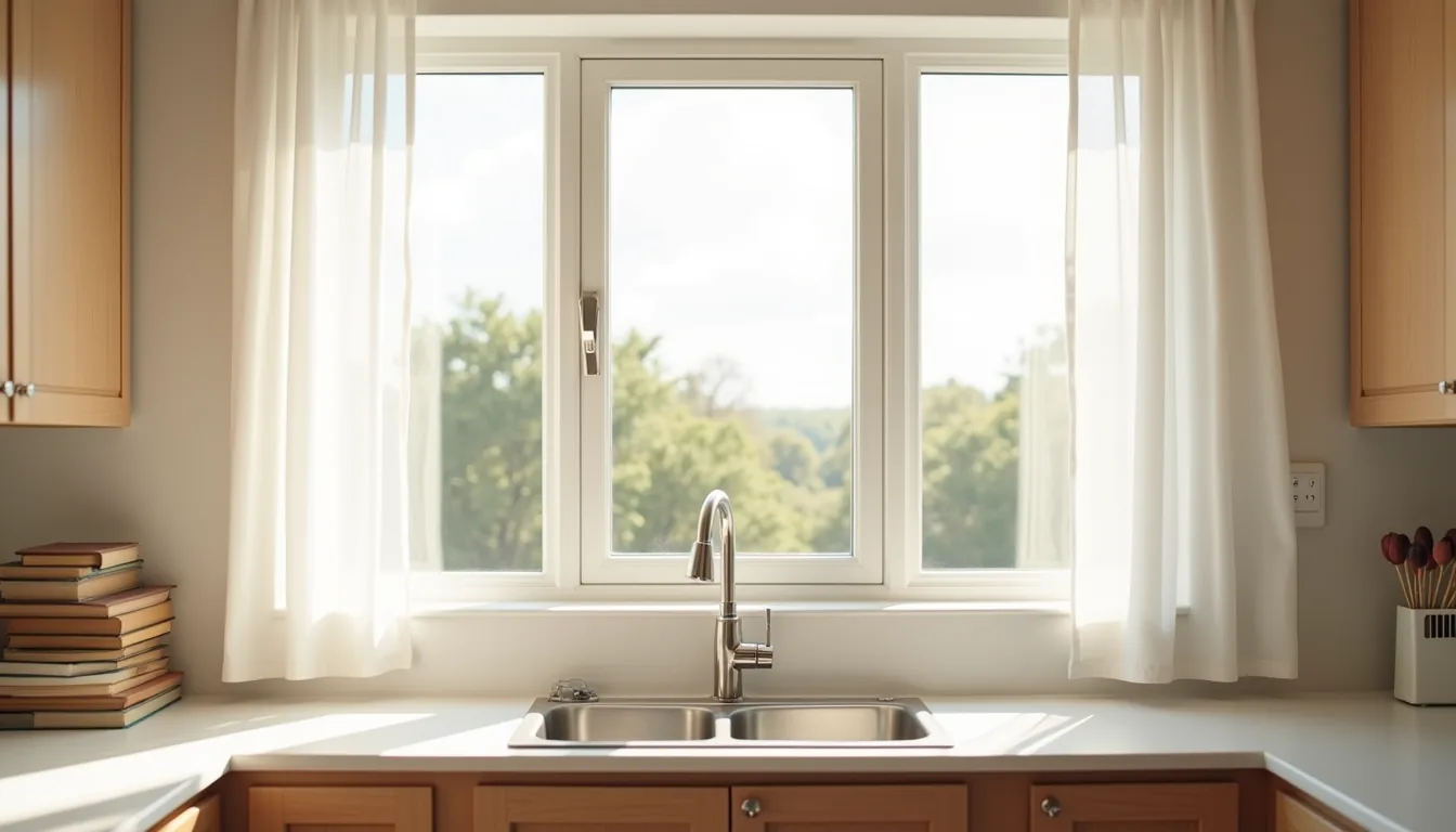 Bright kitchen with a large window centered above the sink, stainless steel fixtures, and white countertops, with trees and