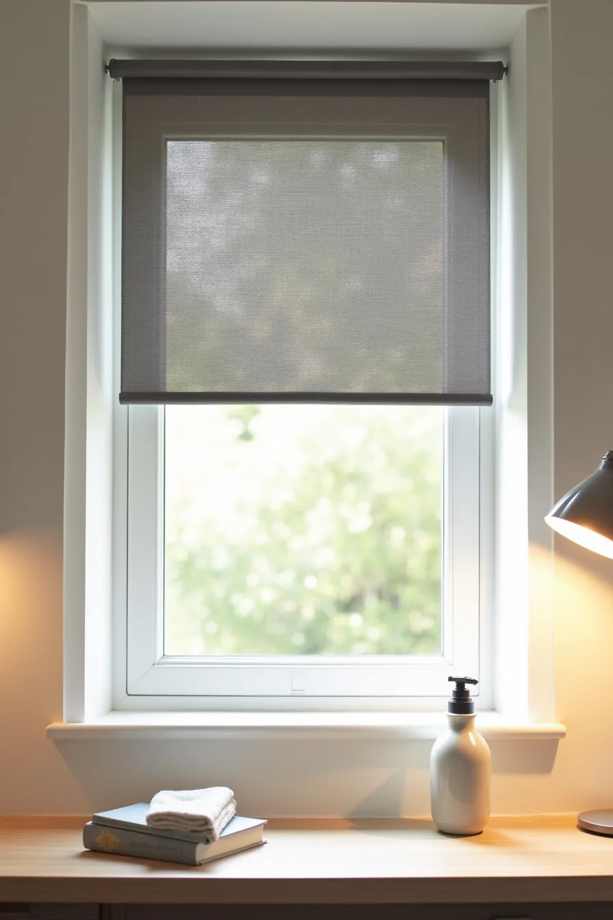 Half-lowered charcoal-gray woven roller shade on a kitchen window with cleaning supplies on the sill.