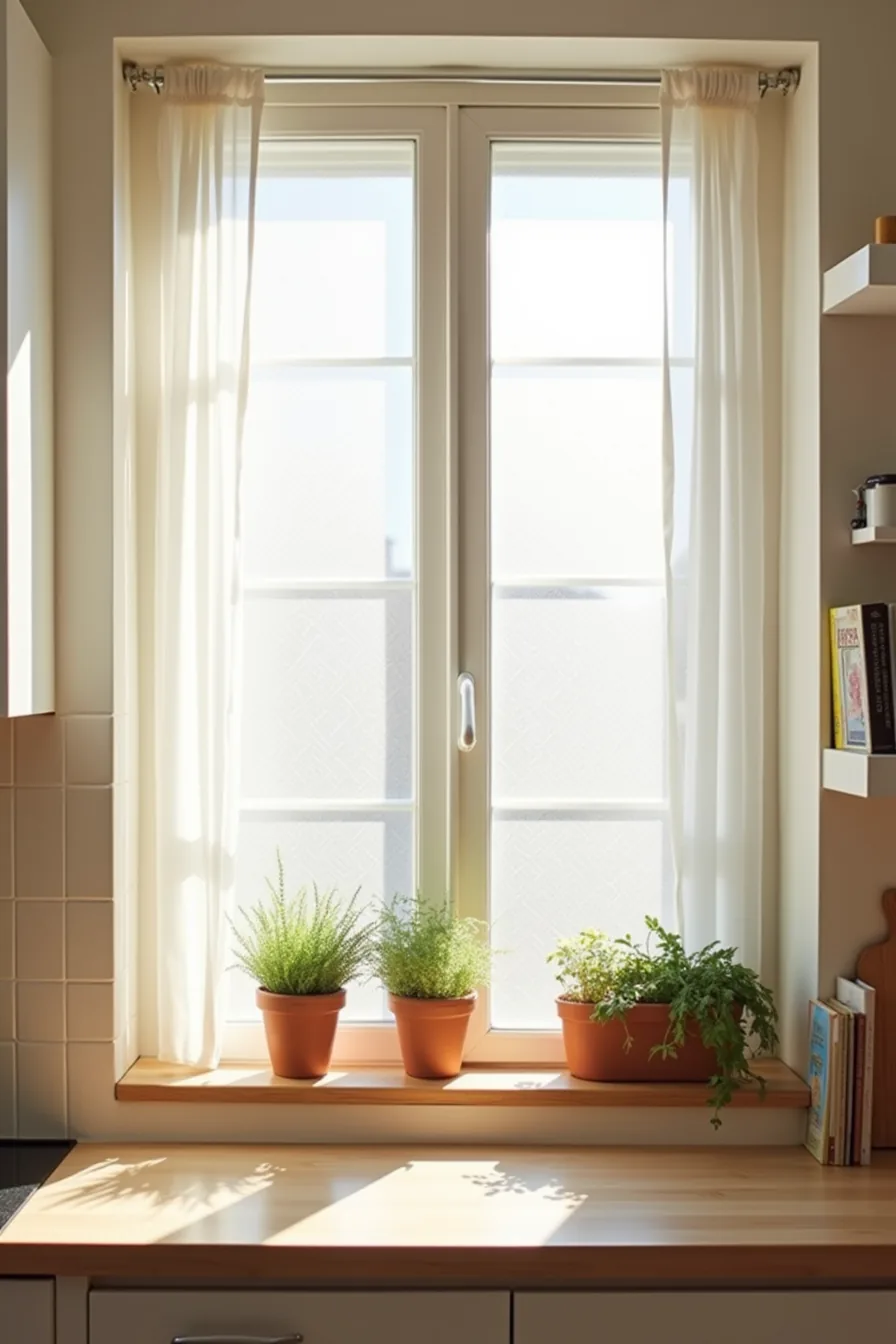 Kitchen window with frosted film on lower panes and potted herbs on the counter below.