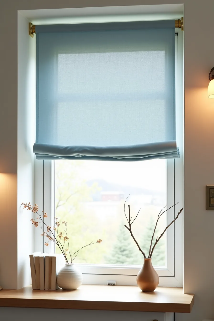 Soft blue linen panel clipped to tension rod on kitchen window with a vase and dried branches on the sill.