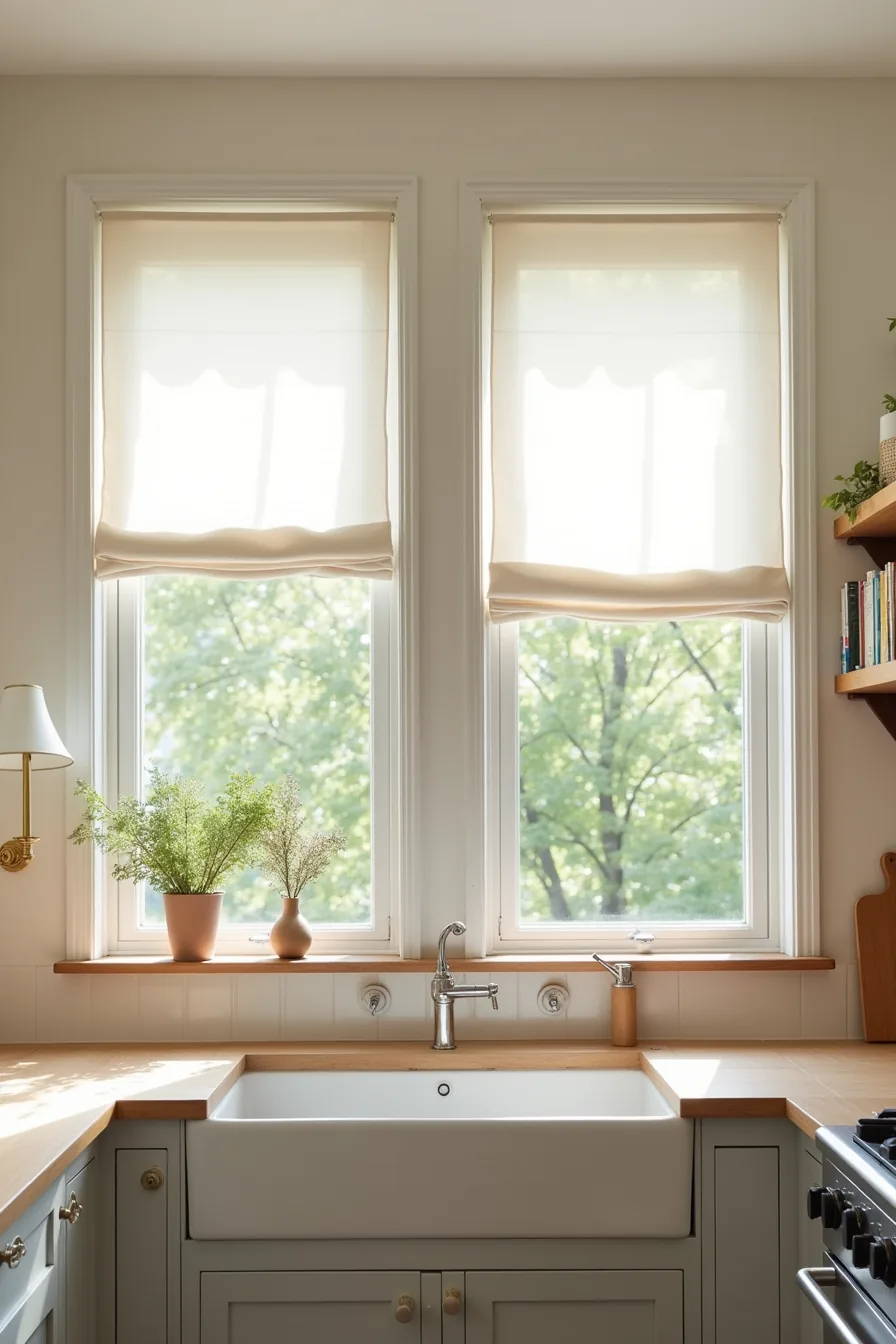 Two adjacent kitchen windows with white roman shade on left and cream café curtain on brass rod on right, both overlooking